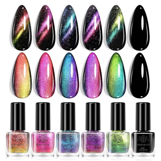 Born Pretty Cat Magnetic Eye Nail Polish Set,5 Colors Quick Dry Holographic Chameleon Cat Magnetic Eye Nail Lacquer Galaxy Effect with Black Nail Polish Magnet Stick,Manicure Home Gift for Women