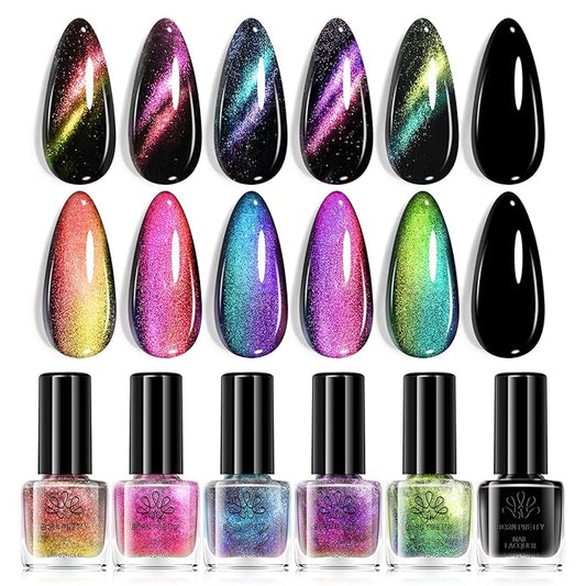 Born Pretty Cat Magnetic Eye Nail Polish Set,5 Colors Quick Dry Holographic Chameleon Cat Magnetic Eye Nail Lacquer Galaxy Effect with Black Nail Polish Magnet Stick,Manicure Home Gift for Women