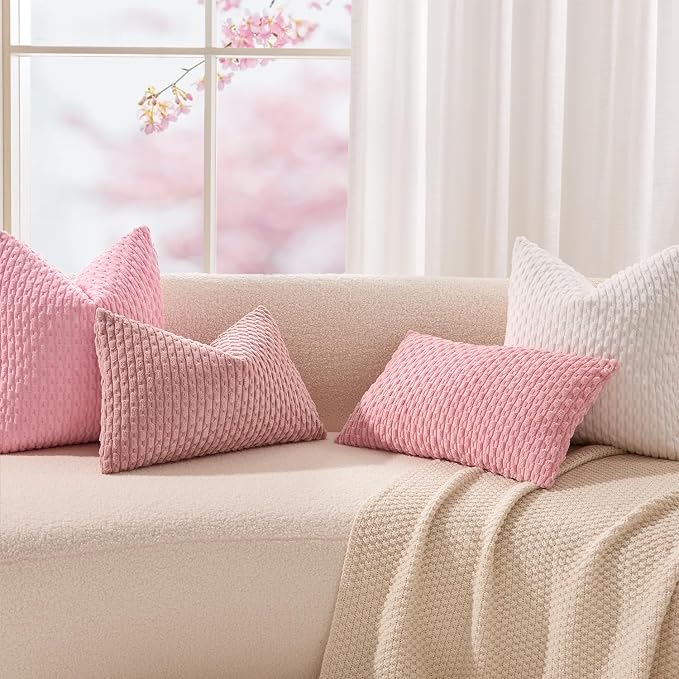 Kevin Textile Soft Corduroy 12"x24" Lumbar Pillow Cover 1 Pack, Dark Pink | Boho Stripe Plush Corduroy Decorative Oblong Cushion Cover Modern Farmhouse Home Decor for Sofa Couch Bed Chair