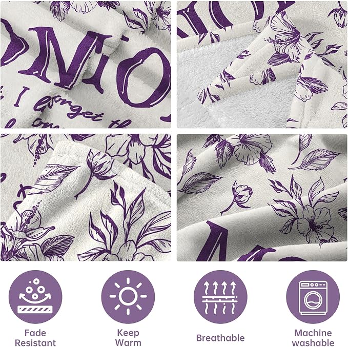 Gifts for Mom, Mom Birthday Gifts from Daughter Son, To My Mom Blanket | I Love You Mom Gifts for Birthday, Christmas, Mothers Day, Blanket for Mom with Hibiscus Flowers Print, 60" x 50", Purple