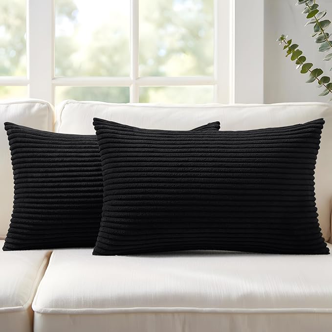 Mecatny Corduroy Decorative Throw Pillow Covers 12x20 Set of 2 Black | Soft Striped Texture, Hidden Zipper Design, Neutral Boho Lumbar Pillow Cases for Sofa Couch Living Room Bedroom, Home Décor