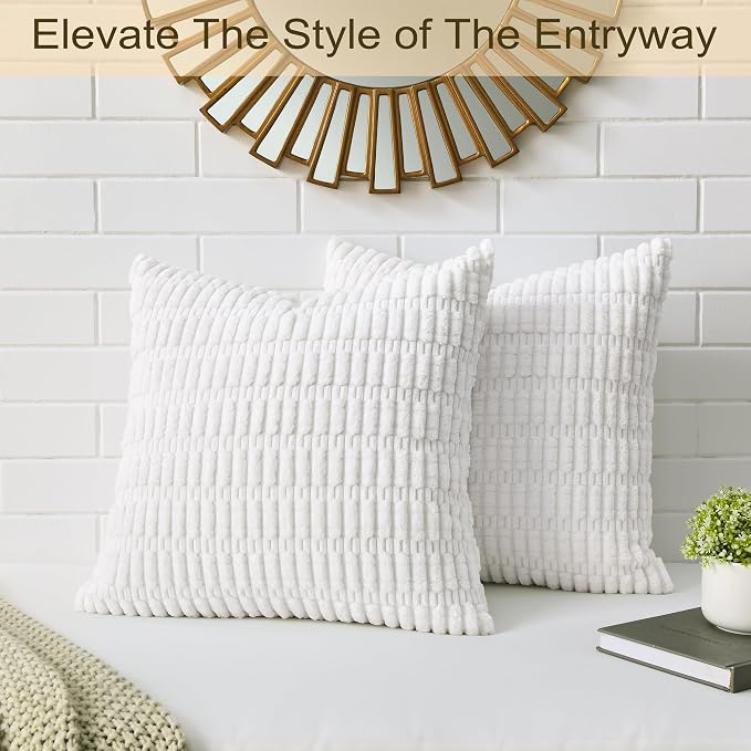Volcanics Pack of 2 Pure White Decorative Throw Pillow Covers 18x18 Inch | Soft Corduroy Striped Square Cushion Cases, Modern Farmhouse Boho Home Decor for Couch Bed Sofa Living Room