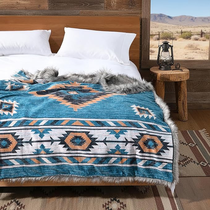 Luxury Plush Faux Fur Throw Blanket with Aztec Pattern, Super Warm, Fuzzy, Elegant, Fluffy Decoration Blanket for Couch, Armchair, Sofa and Bed, 60''x 80'', Teal