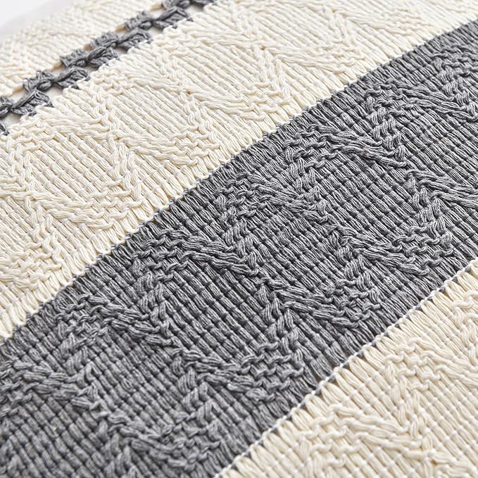 Fancy Homi Set of 2 Neutral Grey Farmhouse Decorative Throw Pillow Covers 20x20 Inch for Couch Bed Chair Indoors, Vintage Country Rustic Retro Room Decor, Soft Thick Cotton Handmade Woven Cushion Case