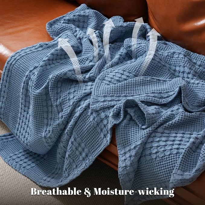 PHF 100% Cotton Waffle Blanket Twin Size, Lightweight Breathable Summer Blanket for Hot Sleepers, Pre-Washed Soft Layer for Bed, Dorm, Couch & Guest Room, Home Decor Gift, 66"x90", Denim Blue