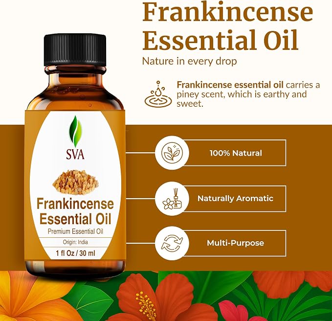 SVA Frankincense Essential Oil – 1 Fl Oz – for Diffuser, Skin & Hair Care – Ideal for Massage & DIY Blends – with Dropper