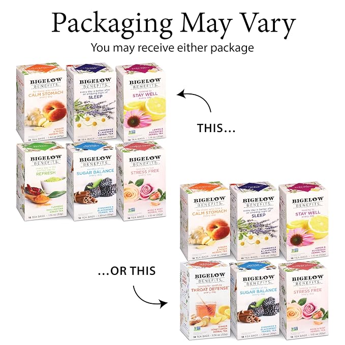 Bigelow Benefits Wellness Teas Variety Pack, Mixed Caffeinated Green Matcha & Caffeine-Free Herbal Tea, 18 Count (Pack of 6), 108 Total Tea Bags (Packaging May Vary)