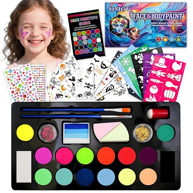 Face Paint Kit for Kids: 20 Colors Water Based Non-Toxic Face Painting Kit, with Brushes, Stencils, Glitter Gems, Ideal for Halloween, Cosplay, Carnival, Birthday Parties Face Body Makeup Kit