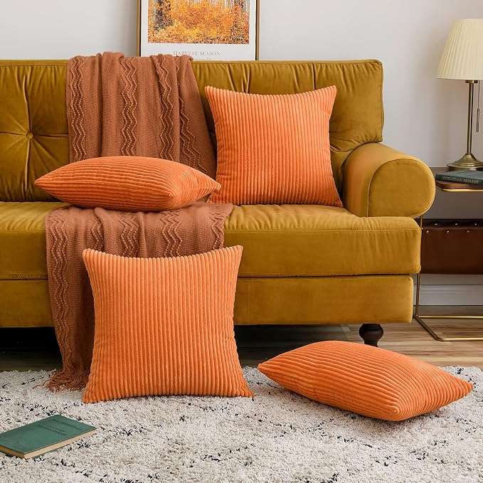MIULEE Fall Lumbar Corduroy Throw Pillow Covers Set of 2 12x20 Orange | Decorative Striped Textured Cushion Cases, Boho Energetic Vibe Pillowcases, Home Decor for Couch Chair Sofa Bed Living Room