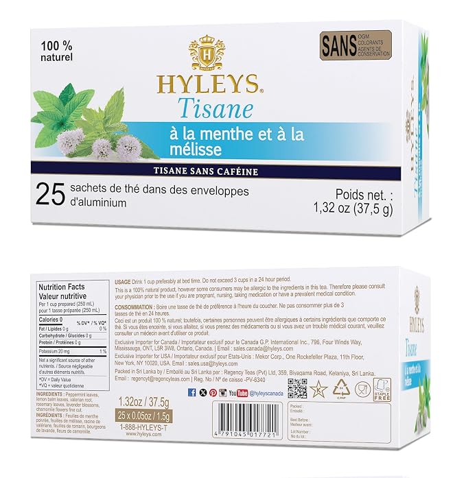 Hyleys Sleep Lemon Balm Herbal Tea - Relaxing Evening Blend, Caffeine-Free, 100% Natural, Non-GMO, Gluten-Free, Dairy-Free, Sugar-Free, Decaf - 25 Tea Bags (12 Pack - 300 Tea Bags Total)