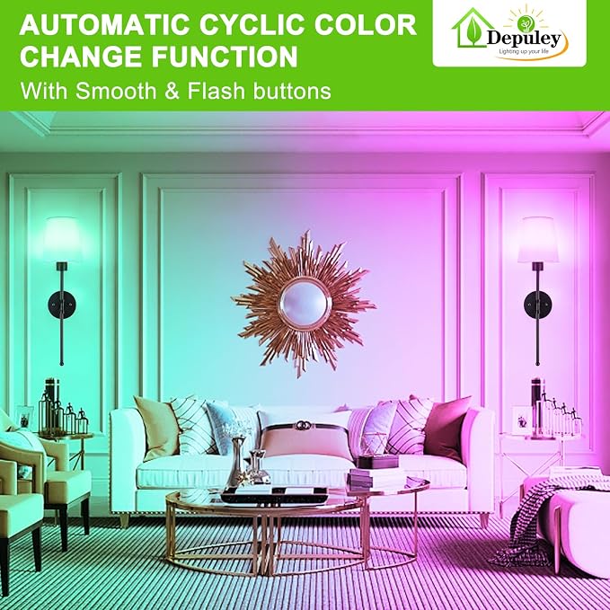 Depuley Battery Operated Wall Sconce: Set of 2 Wireless Wall Lights with Remote for Bedroom - Black Rechargeable 15 Colors RGB Halloween Wall Lamp for Living Room Hallway