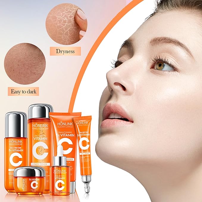2 Box Glown 6-Piece Hydrating Skincare Set with Vitamin C & Niacinamide,HONLINK Face Care Kit Includes Toner, Faical Serum,Cleanser,Moisturizer, Eye Cream & Body Lotion (Face Set x 2)