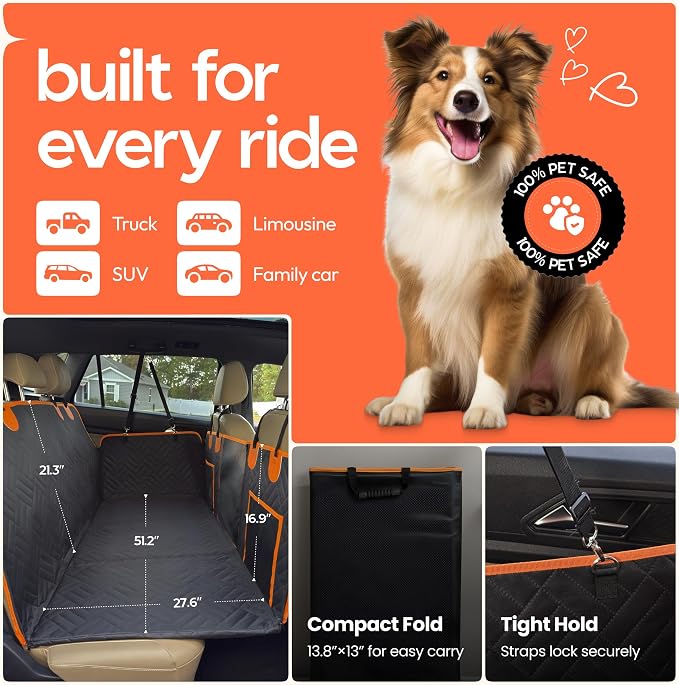 Dog Seat Cover for Back Seat Hard Bottom, XL Backseat Extender for Large Dogs (+420 lbs), Waterproof Dog Car Hammock with Door Protectors, Non-Slip Heavy-Duty Pet Seat Cover for Truck, SUV & Car
