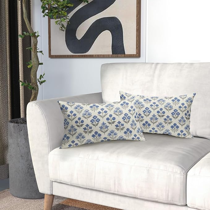 Blue Grey Gray Floral Pillow Covers 12x20 Inch Set of 2, Block Print Lumbar Flower Cream Decorative Throw Pillowcases Outdoor Farmhouse Rectangle Cushion Covers Spring Summer Sofa Couch Bed Decor