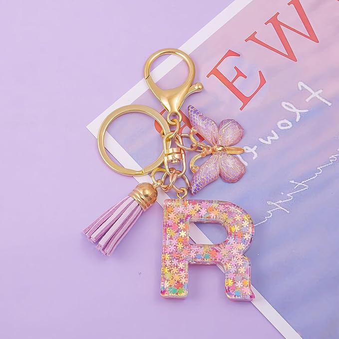 Fashion Alphabet Initial Letter Keychain Tassel Butterfly Pendant Key Ring for Purse Handbags Women Girl