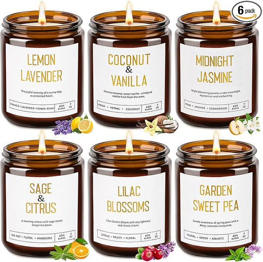 Candles for Home Scented - Soy Candles Non Toxic, 6 Pack Candle Gift Set | 42oz 300h Long Lasting Aromatherapy Candles with Lavender Lemon Vanilla Coconut Jasmine Sage - Floral & Fruity Scents