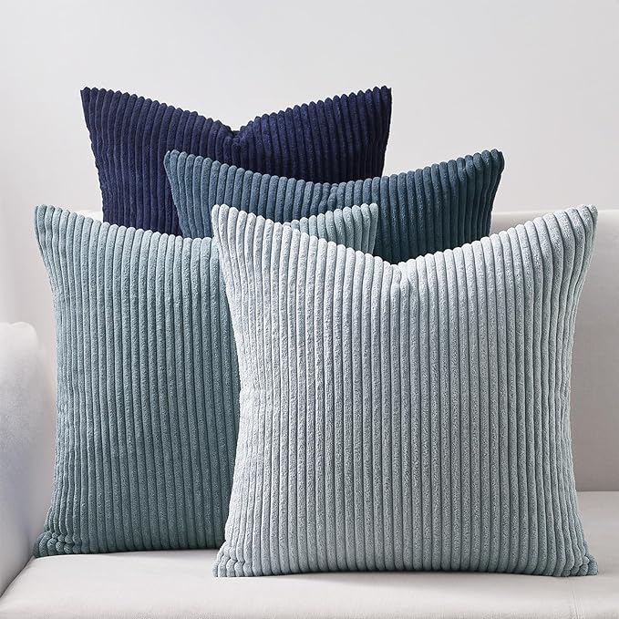 Topfinel Decorative Throw Pillow Covers Dark Blue Navy Series,Summer Corduroy Striped Toss Pillows for Couch,Patio,Balcony,Children Bedroom,Modern Fluffy Green Gradient Shams 20x20 Inch Set of 4