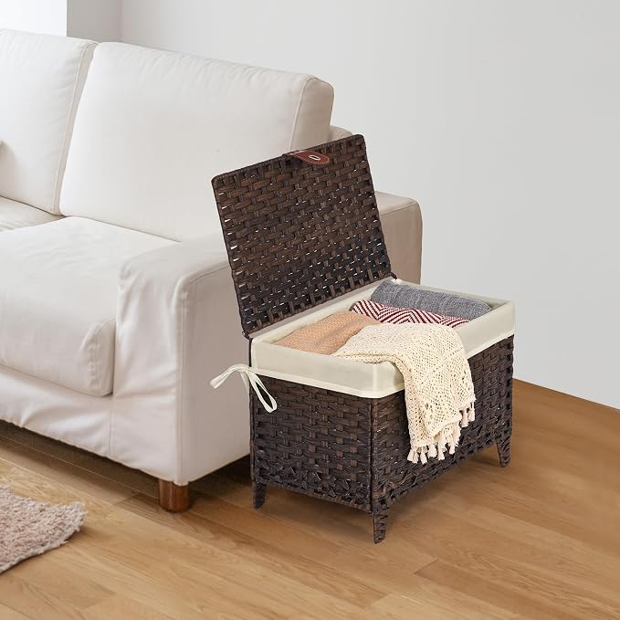 Wicker Storage Basket with Lid, 65L Shelf Basket with Removable Liner Bag | Rattan-Inspired Woven Design, Elevated Feet, Storage Trunk for Wardrobe, Bedroom & Home Organization