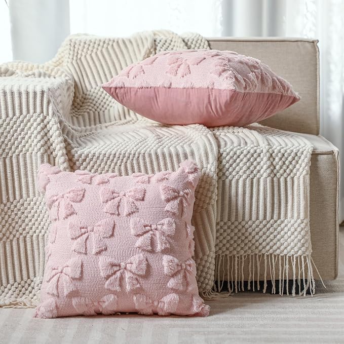 Mixweer Pink Bow Pillow Covers Set of 2 Preppy Room Decor Coquette Cute Spring Summer Decorative Faux Fur Soft Bowknot Stuff Fluffy Plush Aesthetic Pillowcase for Bed Sofa Couch (18 x 18 Inch)