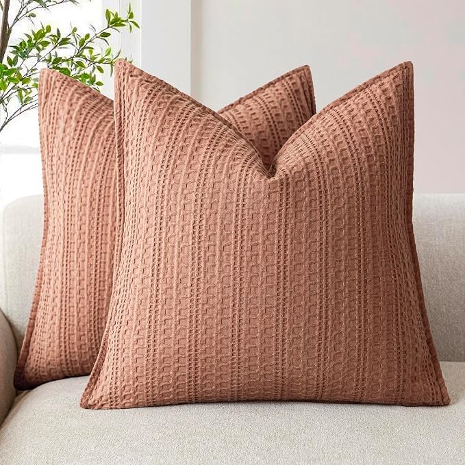 Foindtower Set of 2 Decorative Cotton Waffle Weave Throw Pillow Covers Euro Shams Cushion Covers Accent European Pillowcase for Bed Couch Sofa Bedroom Living Room Home Decor 20×20 Inch Coral Pink