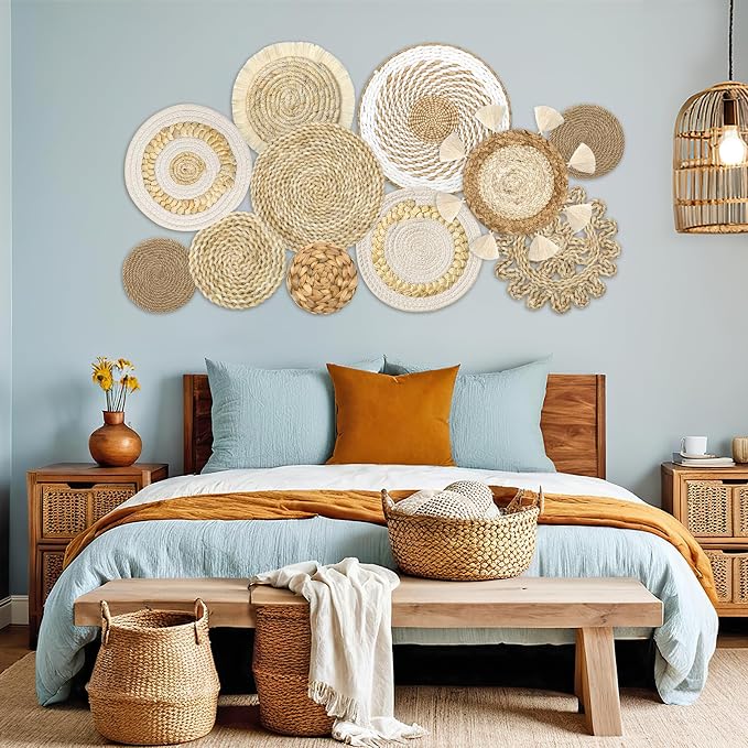 Set of 11 Boho Wall Basket Decor Wicker Woven Wall Basket Decoration | LOMOHOO Bohemian Handcrafted Round Basket Hanging Decor Bulrush Wall Art Decors for Living Room Rustic Home