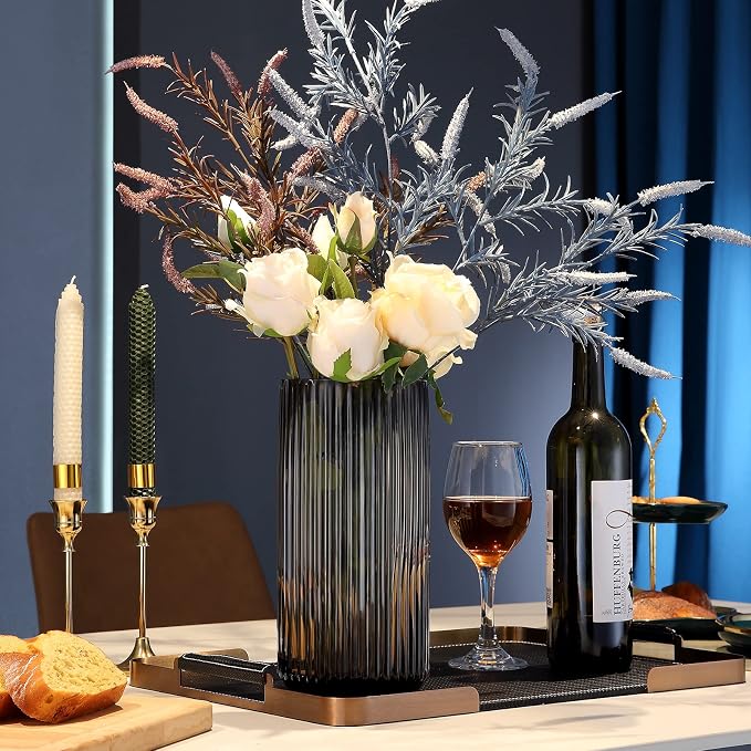 Large Cylinder Ribbed Brown Glass Flower Vase for Farmhouse Dining Table Centerpieces Decor