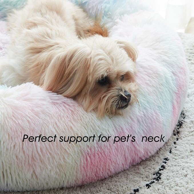 Western Home Calming Donut Medium Dog Bed Washable Pet Bed,30" Rainbow | Fluffy Faux Fur Round Cuddler,Anti-Anxiety,Anti-Slip Bottom,Plush Pet Dog Beds for Medium Sized Dogs,Up to 45 LBS