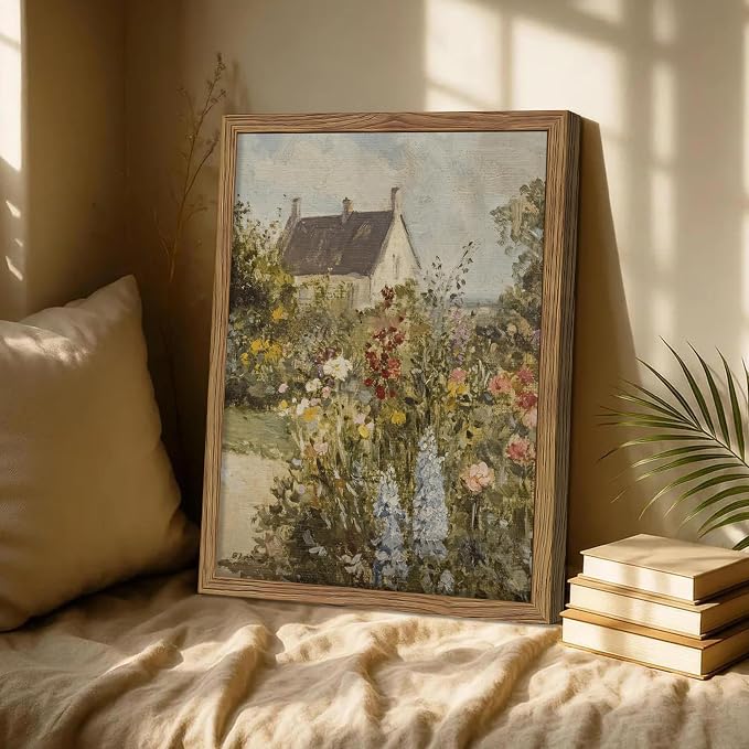 Vintage French Country Cottage Framed Canvas Wall Art – Impressionist Flower Garden Oil Painting Print, Rustic Floral Landscape Decor for Living Room Bedroom Nursery Office 16x24 inch