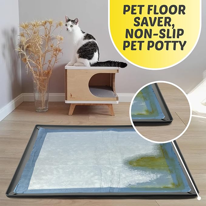 Skywin Dog Pee Pad Holder Tray Fits for 36” x 36” Pee Pads - 1 Pack - Grey | Corner Lock Holes, Raised Edges, Non-Spill, Easy to Clean Silicone Dog Potty Tray Holder, For Indoor Floor Protection