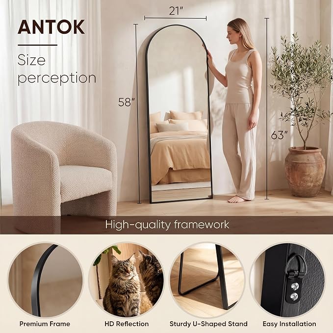 Antok 58" x21” Arched Full Length Floor Mirror, Black Aluminum Frame, Free Standing/Wall Mount/Leaning for Bedroom, Living Room, Dressing Room