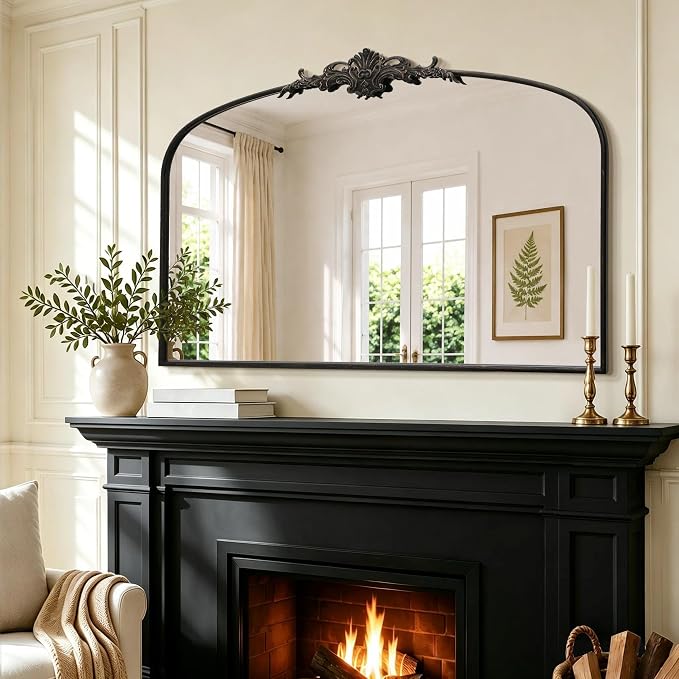 Besdomus Antique Arch Black Mirror: 55"x36" Extra Large Decorative Mirrors | French Vintage Baroque Ornate Metal Frame for Home Renovation - Ideal for Double Vanity/Entryway/Fireplace Mantel/Living Room