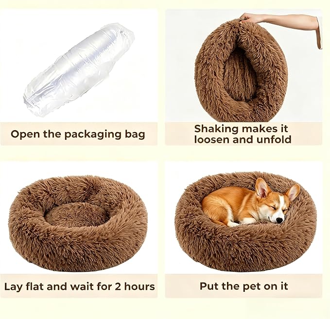 Calming Donuts Dog And Cat Bed, Anti-Anxiety Round Fluffy Soft Washable Small Medium Pet Bed For Puppy And Kitten, Cuddler Warming Comfortable Luxury Anti-Slip Waterproof Mute Base 24in Coffee