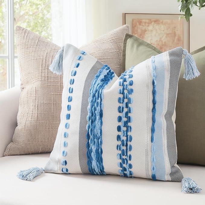 PANOD Chenille Farmhouse Throw Pillow Covers 16 x 16 Blue, Neutral Boucle Couch Pillow Cover, Striped Decorative Boho Coushion Cover Pillow Case for Couch Bed Sofa Bedroom,Modern Accent,Set of 2