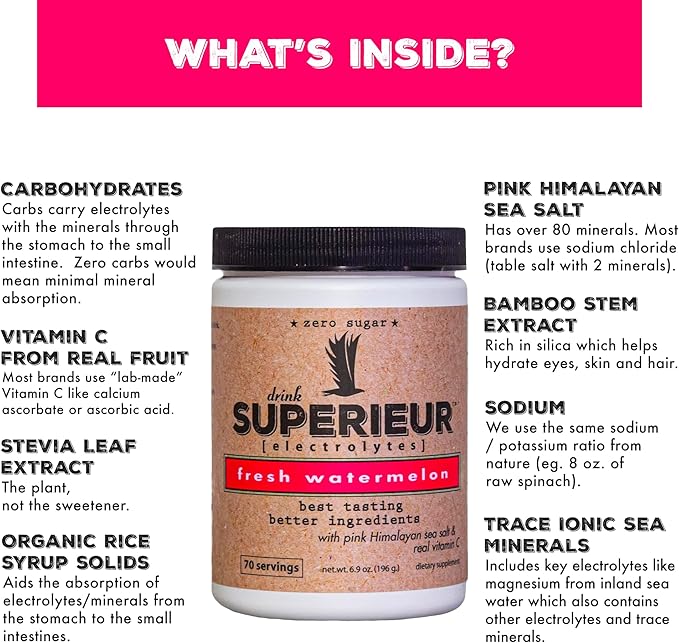 Superieur Electrolytes – Plant Based Electrolyte Supplement w/Sea Minerals for Hydration & Recovery – Keto Friendly, Non-GMO, Zero Sugar, Vegan Healthy Sports Drink Powder – Watermelon (70 Servings)
