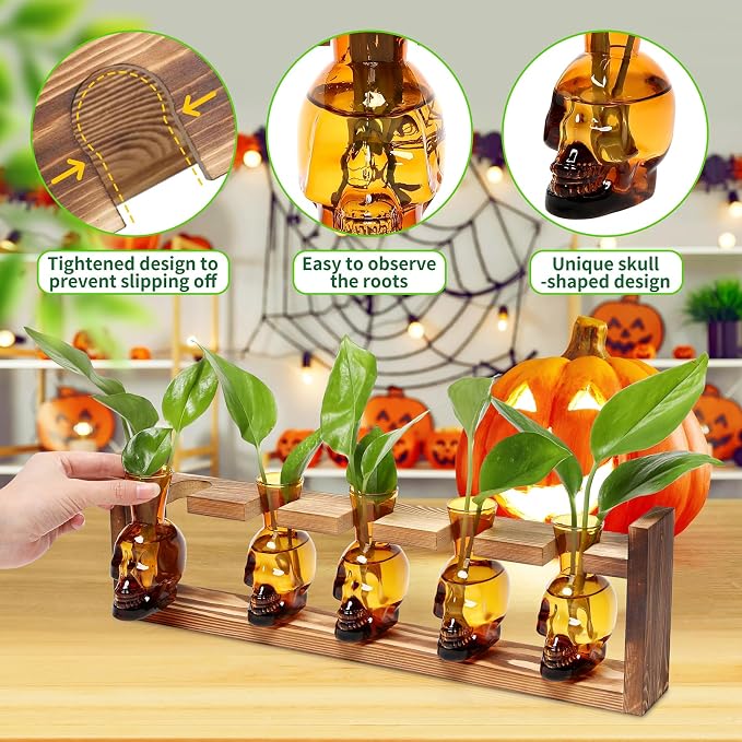 Plant Terrarium Propagation Stations Halloween Skull Planter Vase Skulls | decor With Wooden Stand Gife for Father - 5 Vases
