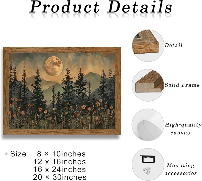 JLTULT Vintage Pine Tree Wall Art, Moonlit Wood-Framed Canvas, 20 x 30 In | Moonlit pine forest with wildflowers, fade-resistant canvas and ready-to-hang frame for bedrooms, living rooms and offices