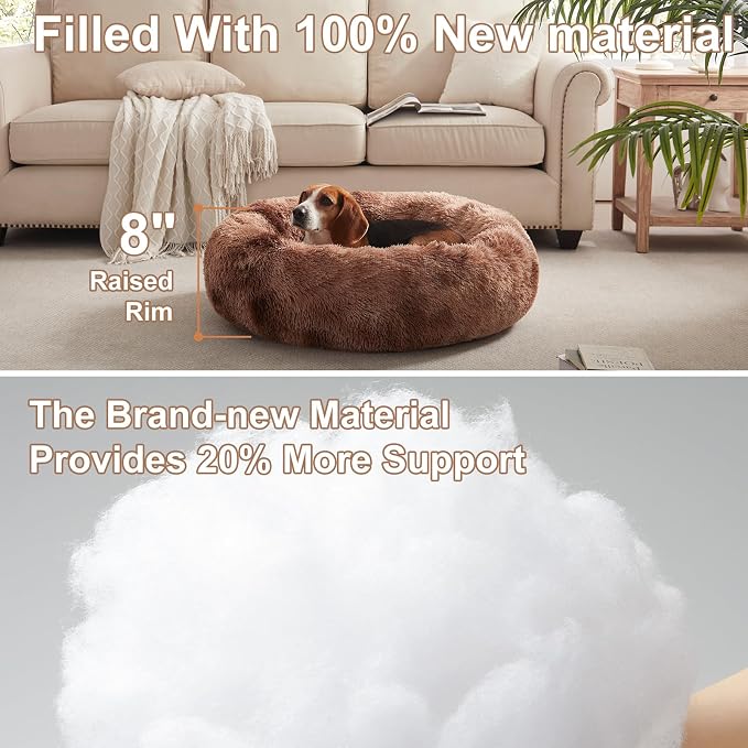 33 in Faux Fur Donut Dog Bed for Medium Plus Dogs,Tie-dye Brown | Calming Plush Round Fluffy Pet Bed with Removable & Washable Cover,Fits up to 65 lbs Pets
