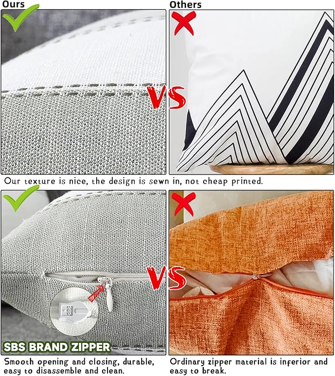 Pack of 2 Farmhouse Stripe Check Throw Pillow Covers Set Case Cotton Linen Decorative Pillowcases Cushion Cover for Couch Bench Sofa 24x24Inch Blue Beige