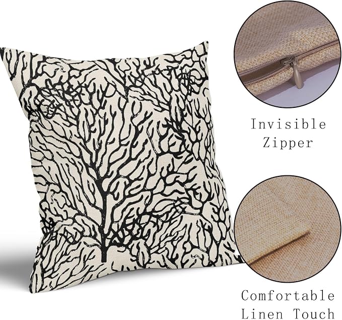 Nautical Coastal Coral Pillow Covers 20x20 Inch Set of 2 Summer Ocean Beach Black White Decorative Pillow Cases Outdoor Linen Cushion Cover Farmhouse Decor for Bedroom Home Sofa Couch Bed