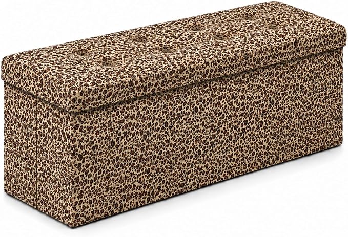 ALASDO 43 Inch Folding Storage Ottoman Bench with Hidden Storage, PU Leather Ottoman Foot Rest Stool, End of Bed Bench for Bedroom, Living Room, Entryway and Closet, Leopard Print
