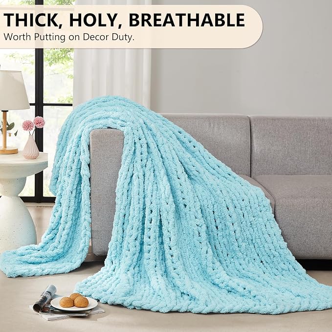 L'AGRATY Chunky Knit Throw Blanket for Couch, 80 x 90 Inches, Light Blue | Handmade Chenille Crochet Blanket for Sofa Bed, Thick Cable Knitted Blankets for Room Home Decor, Birthday Gift for Women Mom