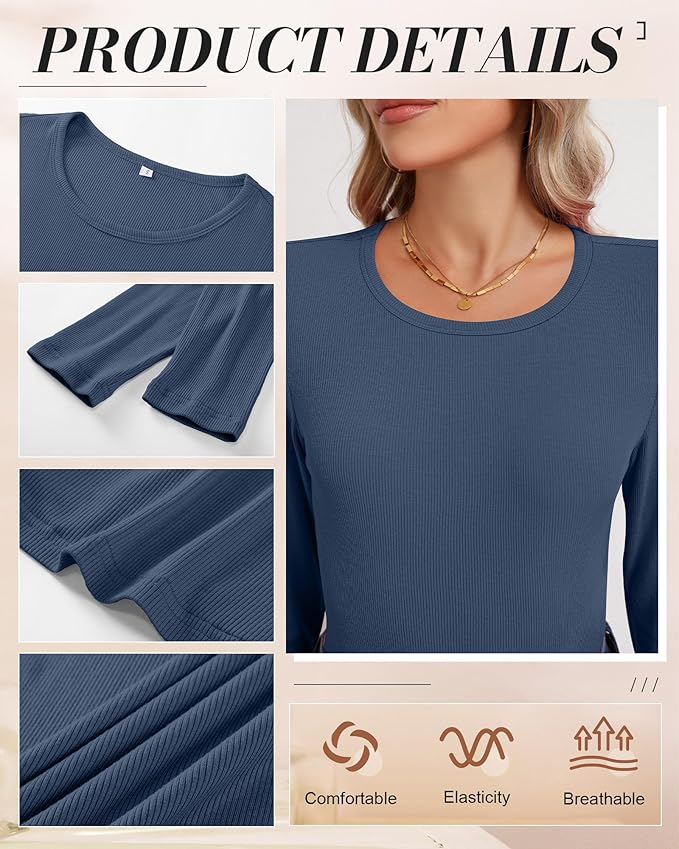 Ficerd 3 Pack Women's Ribbed Long Sleeve Tops, Crew Neck Slim Fit Undershirts Knit Basic Casual Stretch Layering Tee Shirts