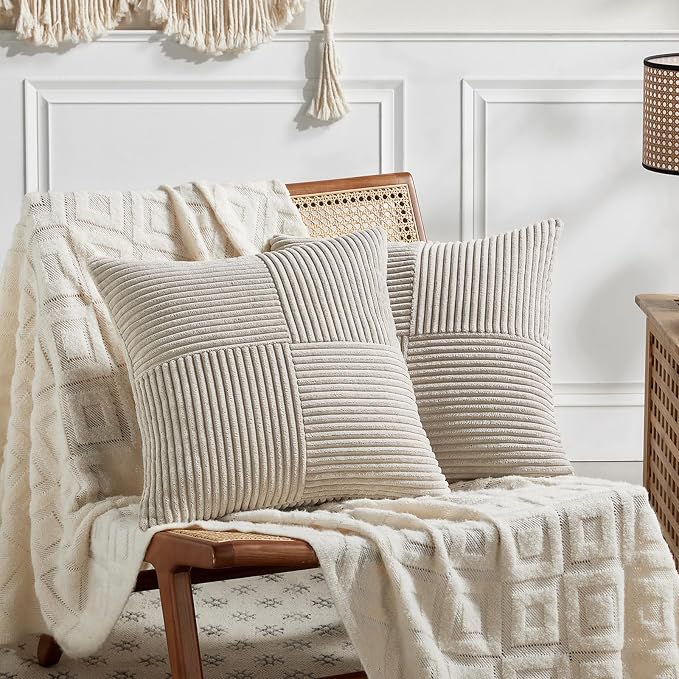 Fancy Homi Neutral Taupe Samll Decorative Throw Pillow Covers 14x14 Inch with for Couch Bed Sofa, Rustic Farmhouse Boho Home Decor, Soft Corss Patchwork Corduroy Square Cushion Case 35x35 cm
