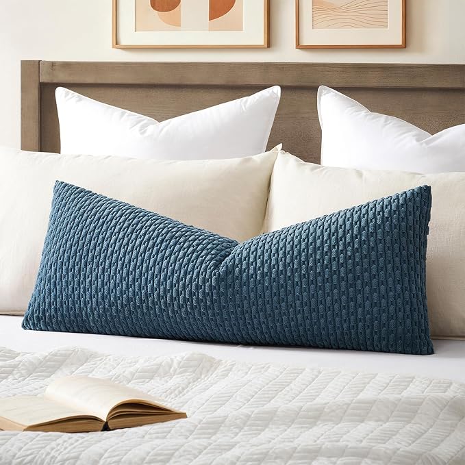 Kevin Textile Soft Corduroy 20"x54" Body Pillow Cover 1 Pack, Blue Grey | Boho Stripe Plush Corduroy Decorative Oblong Cushion Cover Modern Farmhouse Home Decor for Sofa Couch Bed Chair