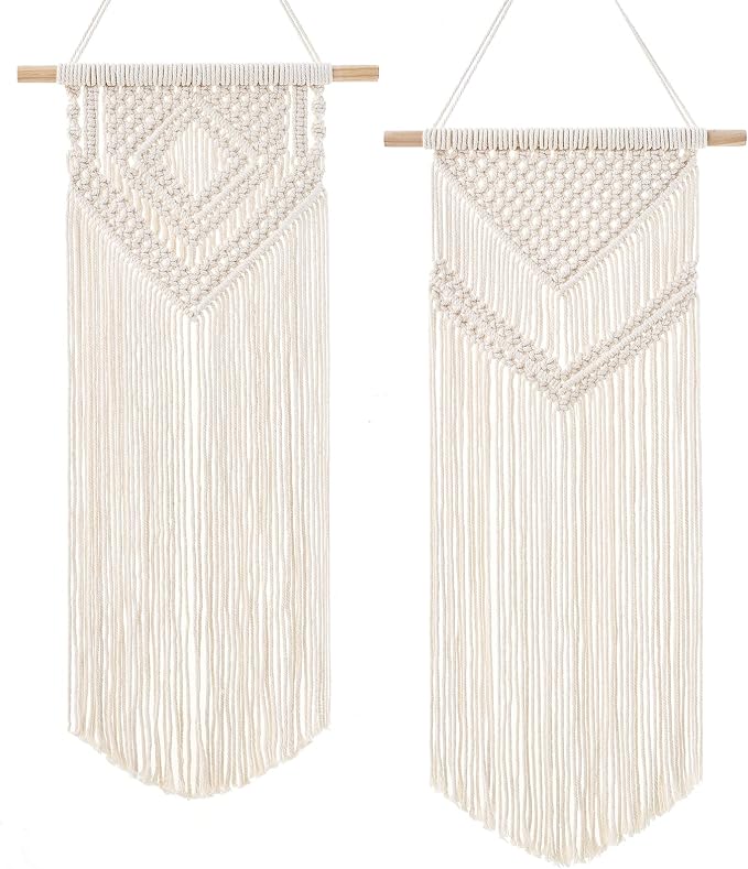 Dahey 2Pcs Macrame Wall Hanging Boho Tapestry Wall Art Bedroom Decor,Medium | Woven Craft, Unique Tassels, Soft Cotton Cord, Wood Dowel, Ready to Hang, Boho Wall Decor for Dorm Classroom Nursery Backdrop