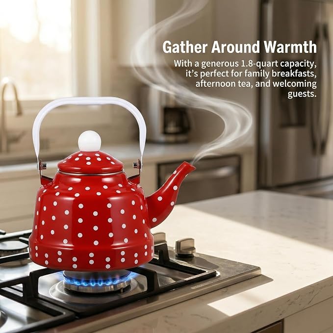 Cabilock Red Tea Kettle, 1.8 Quart Vintage Enamel Tea Kettle for Stovetop, Non-Whistling with Polka Dot Design and Ceramic-Style Handle, Retro Kitchen Decor Water Pot for Home Coffee
