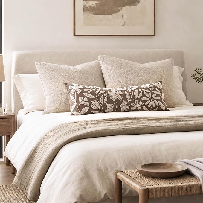 Long Lumbar Pillow Cover 14x36 for Bed, Taupe Brown Floral Tufted Velvet Accent Oversize Throw Pillowcase for Bedroom, Cover Only