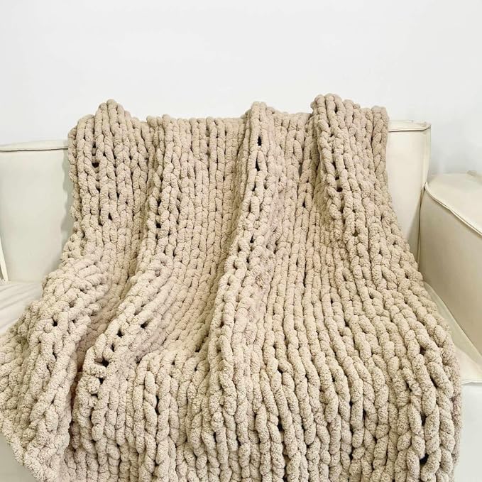 Soft Chunky Knit Throw Blanket for Couch, Cozy Warm Knitted Blankets | Hand Knit with Jumbo Chenille, Lightweight Warm Fluffy Decor for Women, Mom, Her & Girls, Sofa, Chair, Bed, 40"×40" (Tan)
