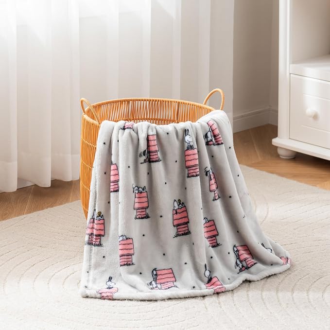 Berkshire Blanket Peanuts® VelvetLoft® Cute Character Snoopy Plush Oversized Throw Blanket, Peanuts Regular Snoopy Dog House Poses & Polka Dots Grey (50in x 60in)