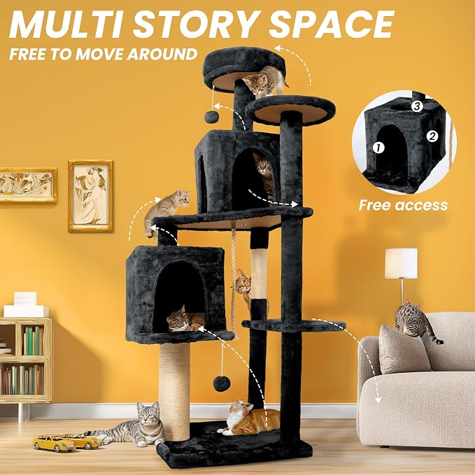 59in Large Cat Tree Tower for Indoor Cats with Soft Plush Hang Ball, Two Condos, Sisal Scratch Posts & Rope Play for Kittens/Adult Cats, Dark Grey